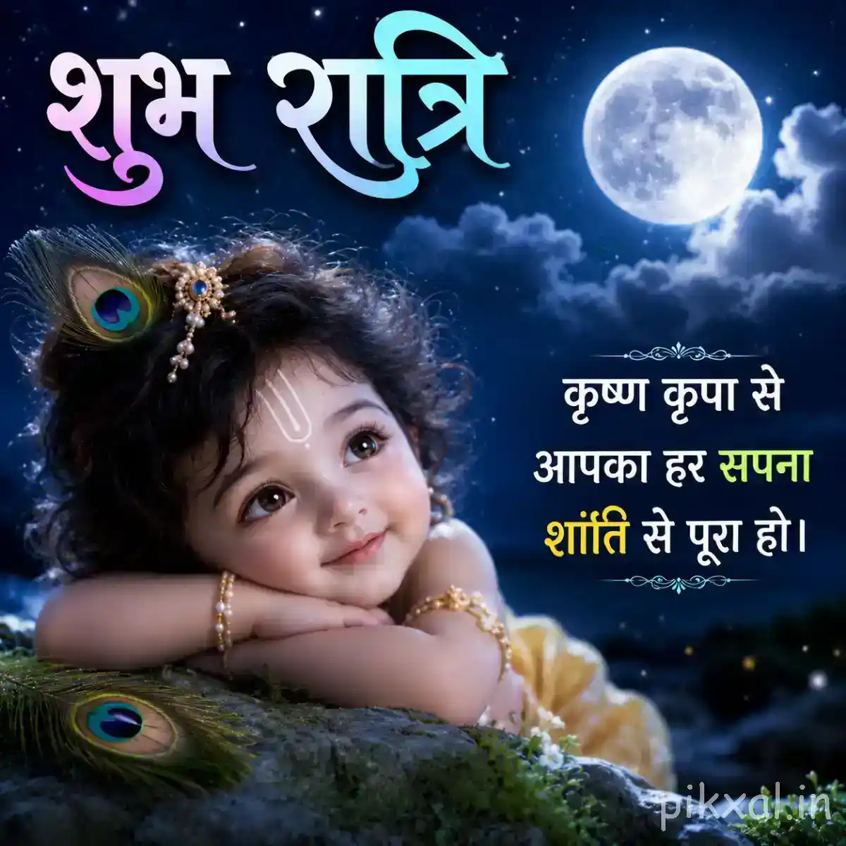 Bal Krishna peacefully resting on a soft surface with a glowing moon and शुभ रात्रि text