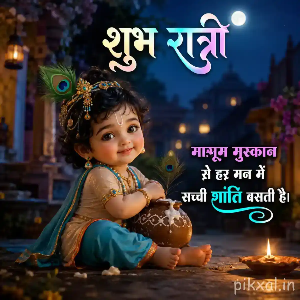 Little Krishna sitting beside a butter pot in a warm nighttime setting with soft lights