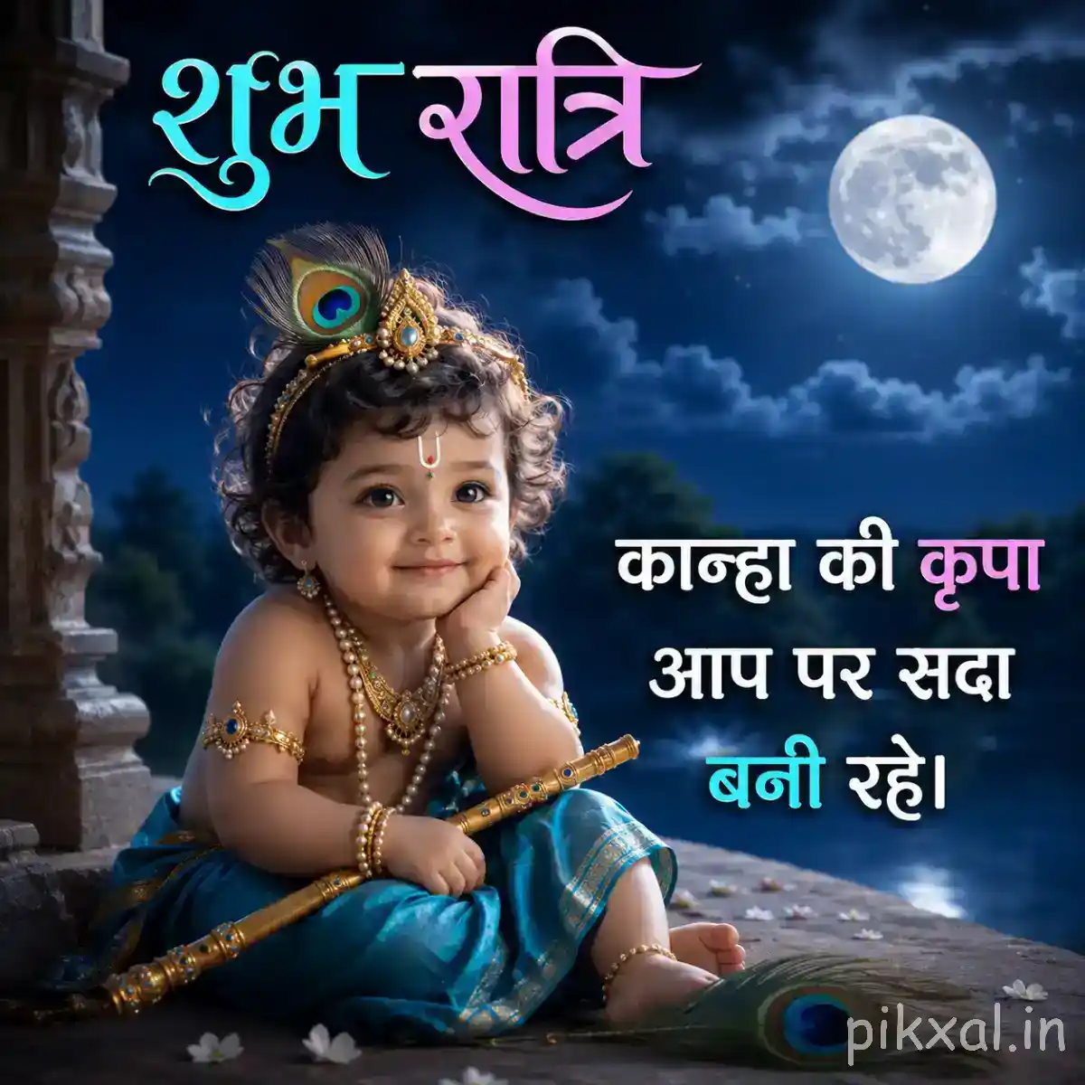Bal Krishna sitting beside a matki under the night sky with a gentle शुभ रात्रि blessing