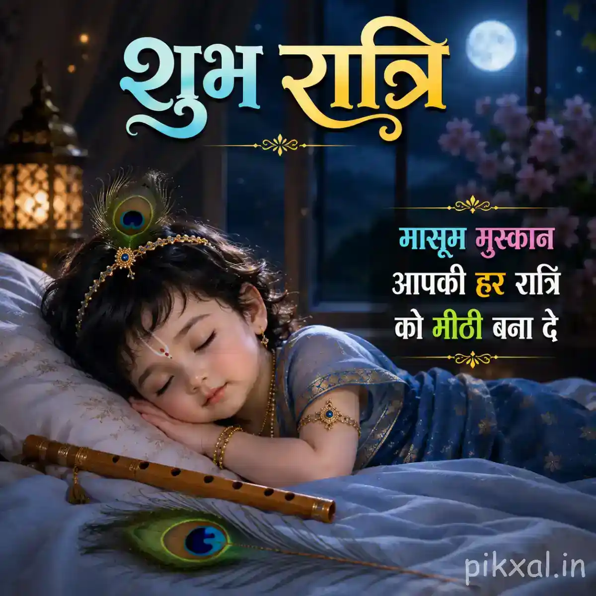 Little Krishna sleeping peacefully beside his flute on soft bedding under a moonlit sky