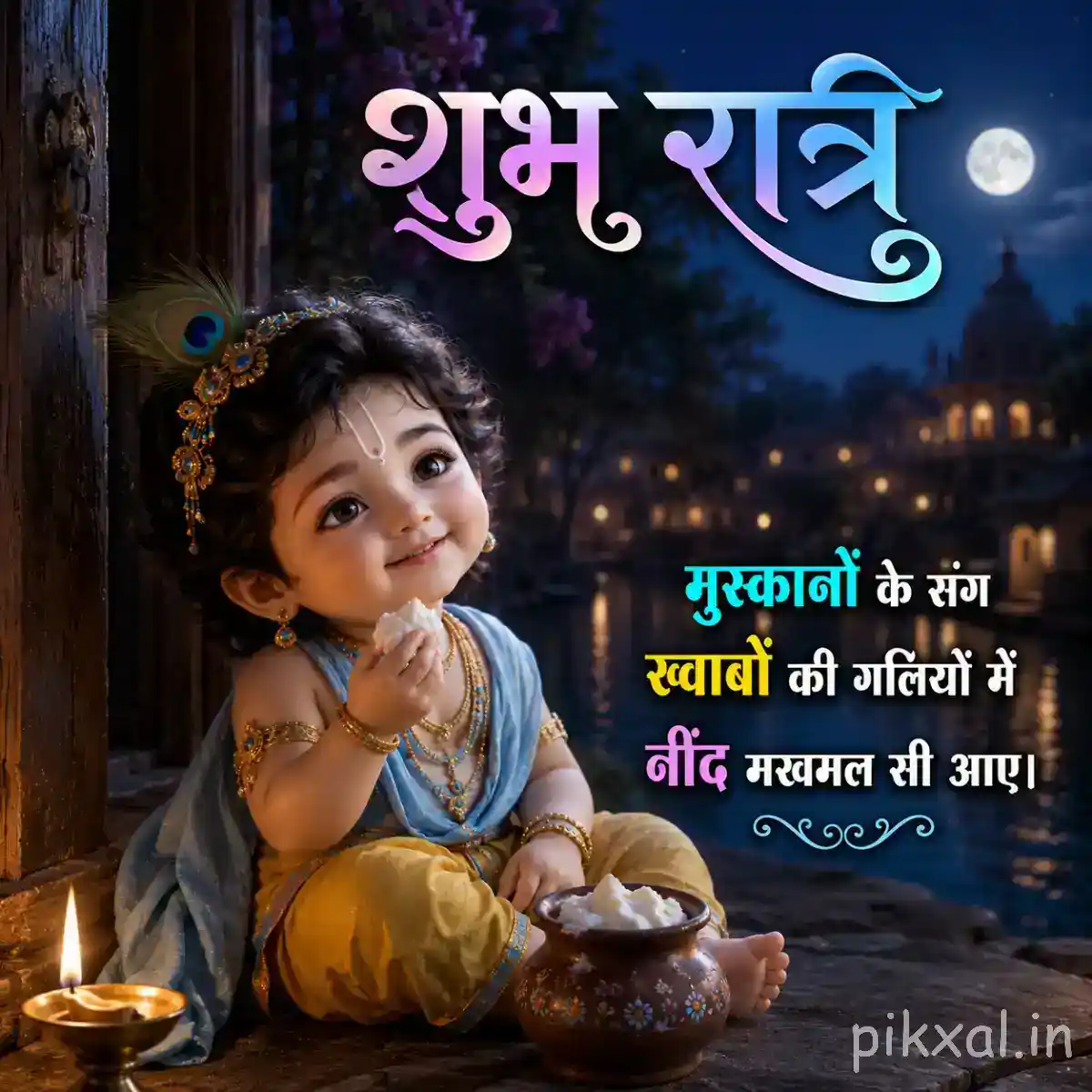 Bal Krishna sitting happily beside a butter pot with warm lamps and a serene night atmosphere