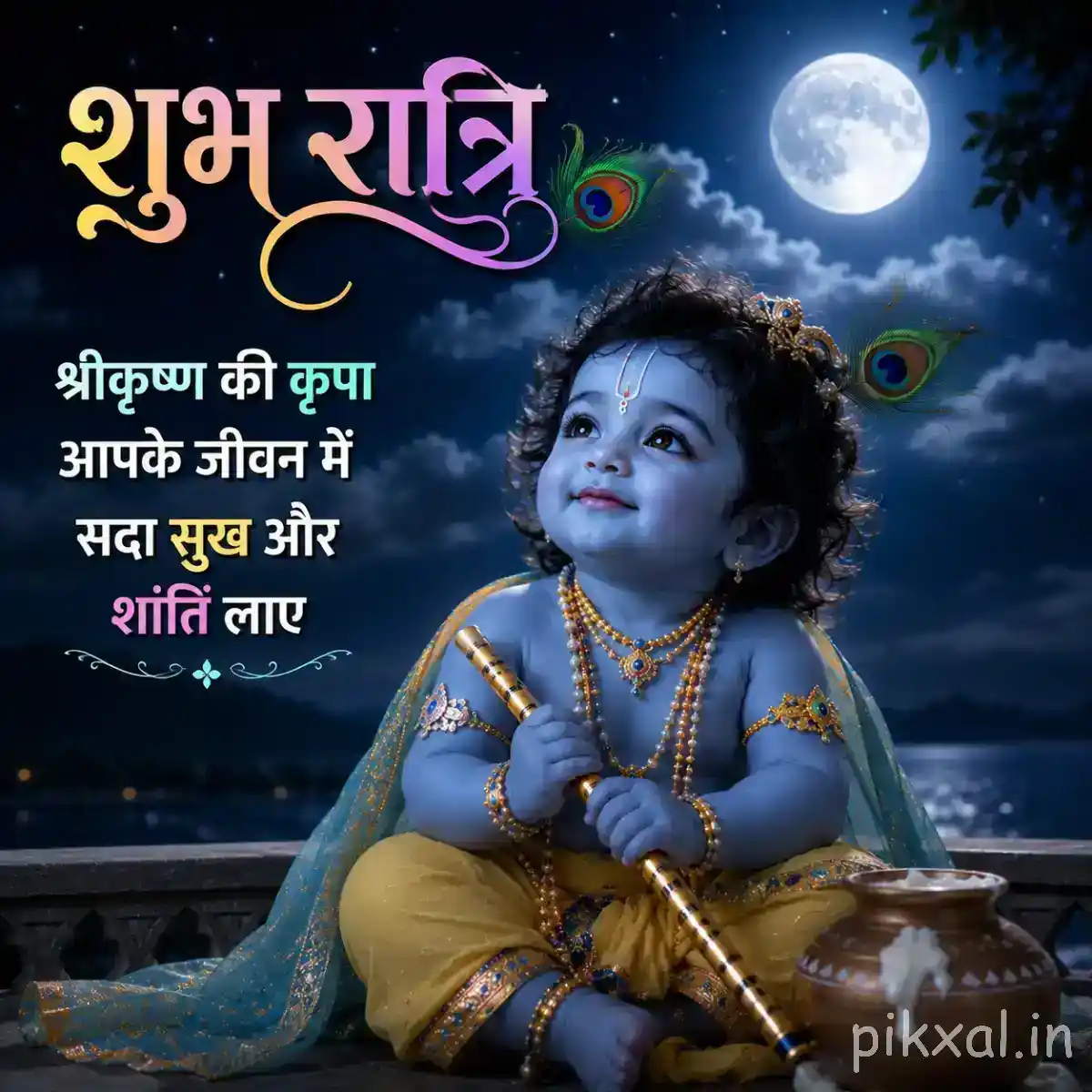 Little Bal Krishna under the moonlight with a peaceful शुभ रात्रि message and flute