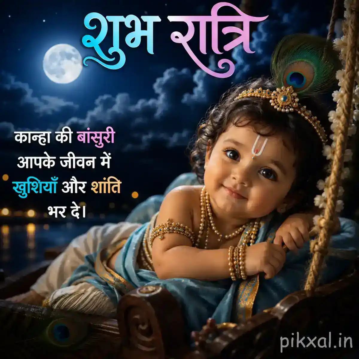Good Night Bal Krishna Images &ndash; little Krishna smiling sweetly while resting on a swing beneath the moonlit sky