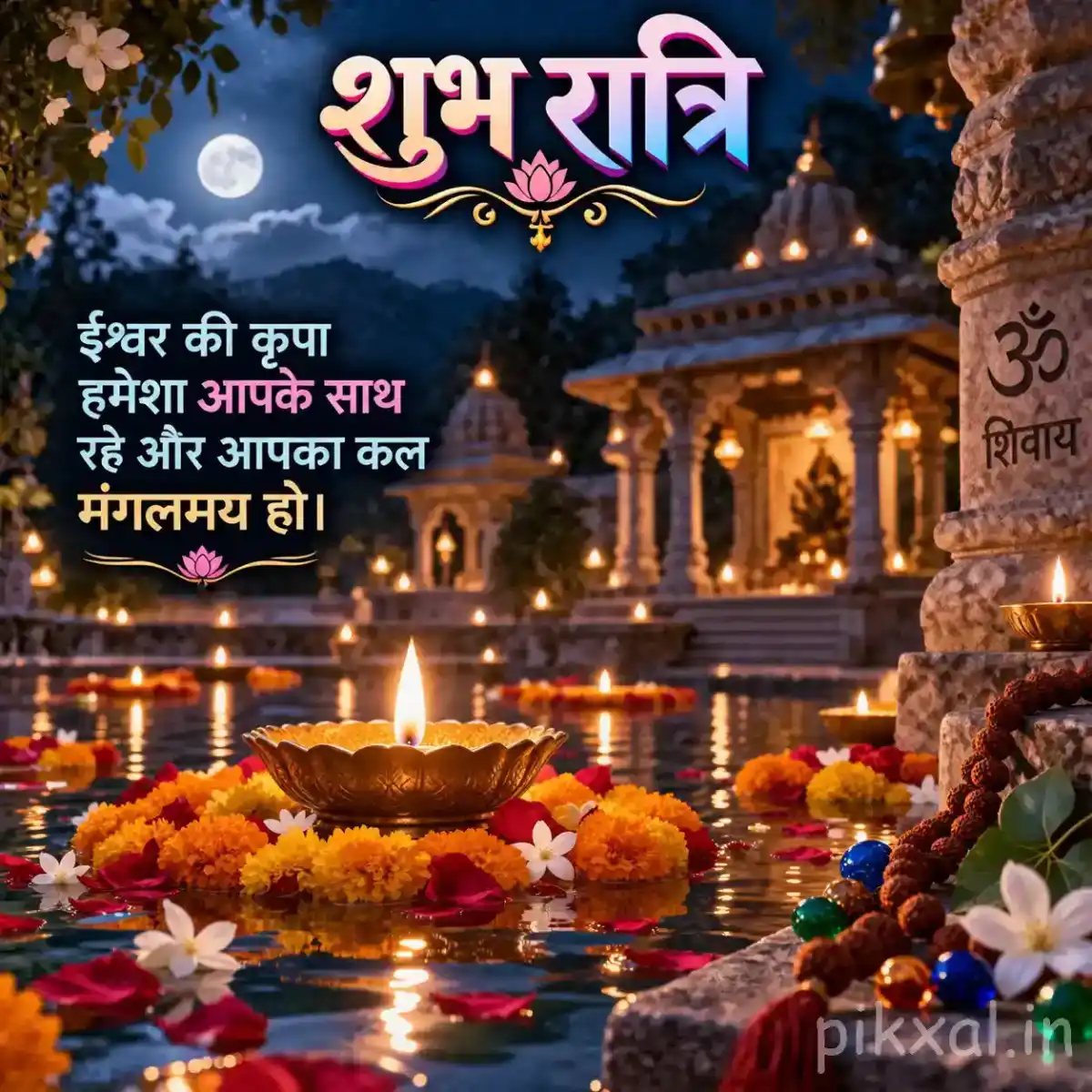 Good Night Blessings Images featuring a beautifully lit Hindu temple at night with glowing diyas, colorful flowers, and a peaceful moonlit setting
