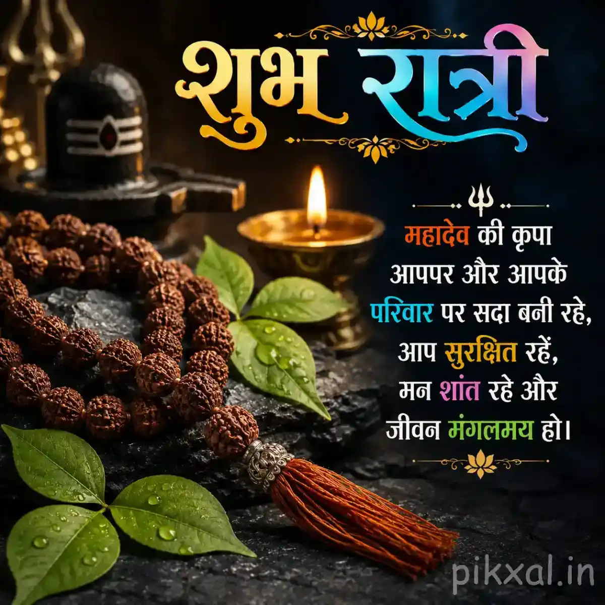 Shiva worship scene featuring a Shivling, Rudraksha mala, sacred Bilva leaves, glowing diya, and a peaceful dark blue background