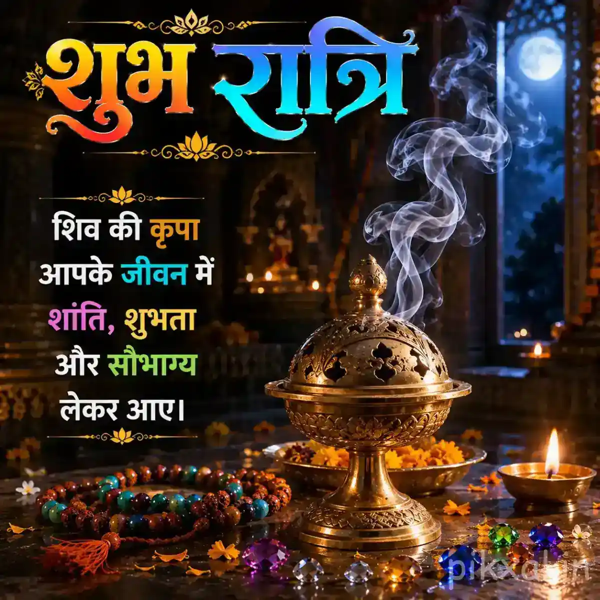 Brass temple bell surrounded by glowing diyas, Rudraksha beads, colorful prayer beads, and a softly illuminated devotional setting