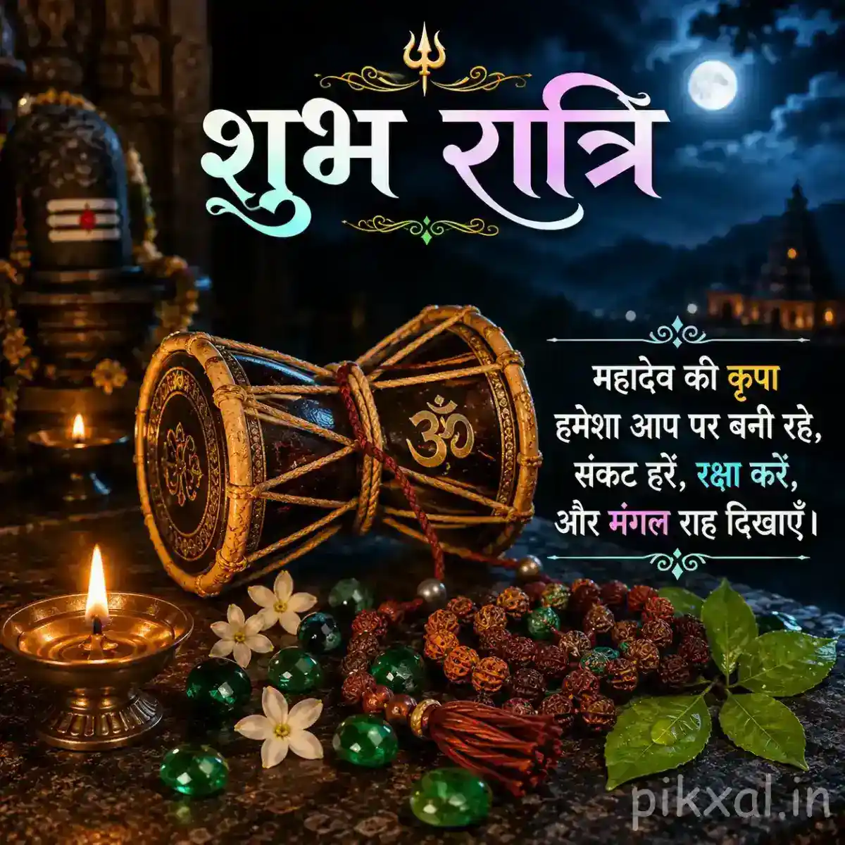 Lord Shiva devotional still life with damru, Rudraksha beads, Om symbol, colorful prayer beads, flowers, and warm oil lamps