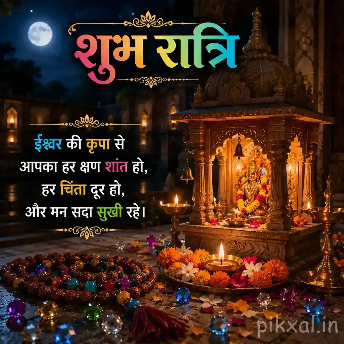 Peaceful Shiva shrine at night with a decorated idol, glowing diyas, colorful flowers, sacred offerings, and illuminated temple surroundings