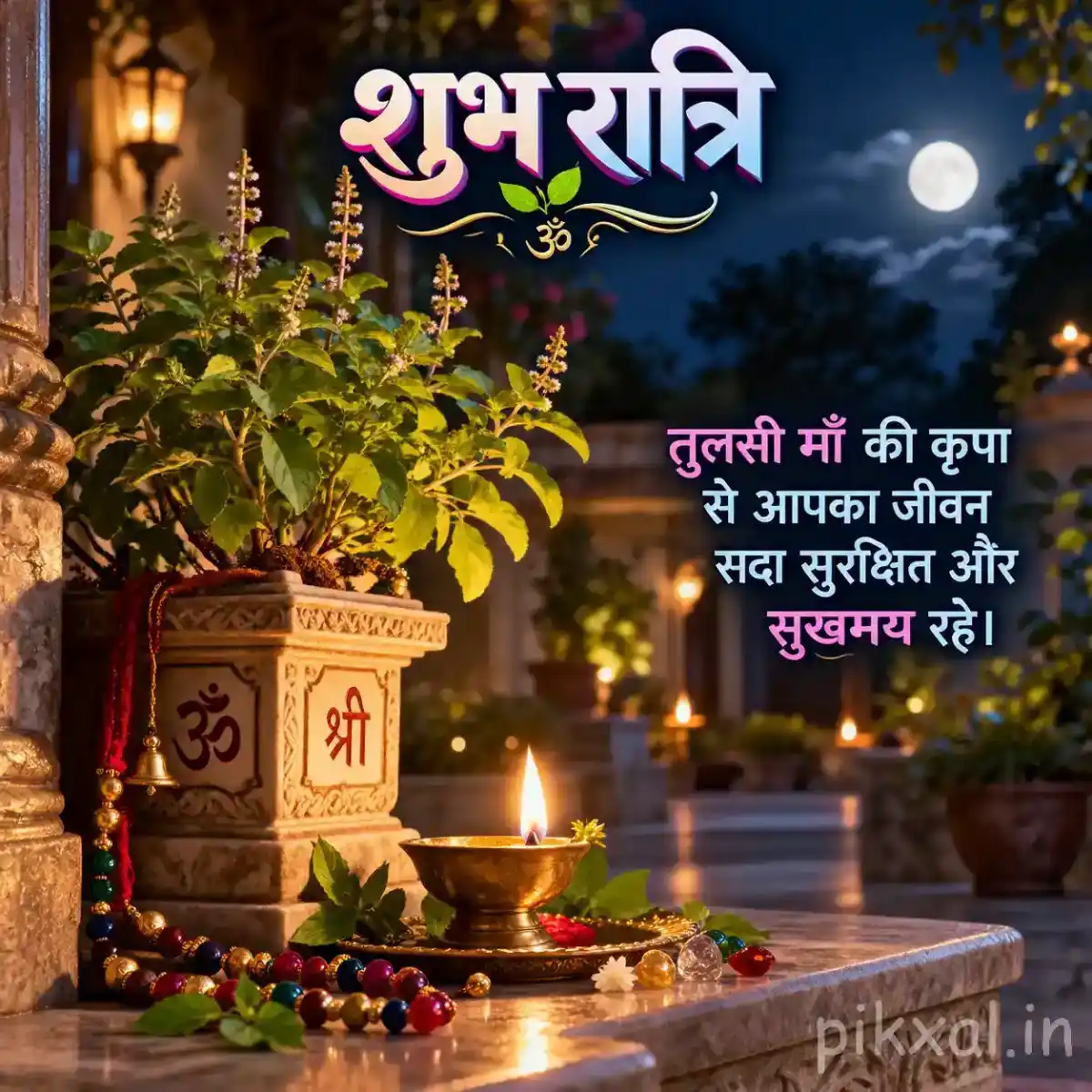 Tulsi plant in a decorated sacred planter beside glowing diyas and flowers, with a peaceful moonlit temple background