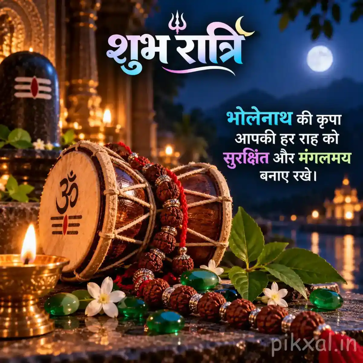 Shiva worship arrangement with a Shivling, traditional damru, Rudraksha beads, Bilva leaves, and a glowing diya