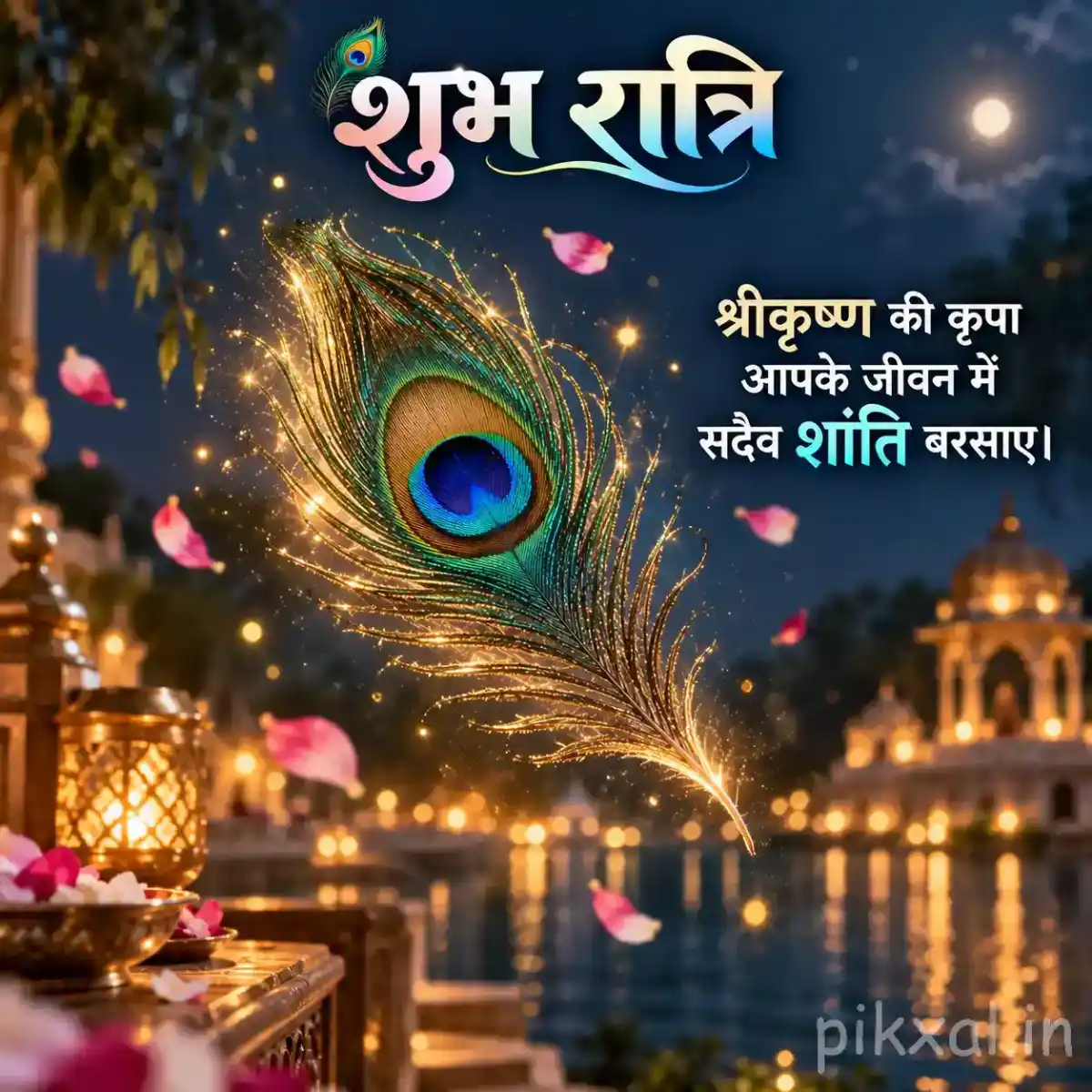 Krishna devotional scene featuring a detailed peacock feather, floating flower petals, glowing temple lights, and a serene moonlit background