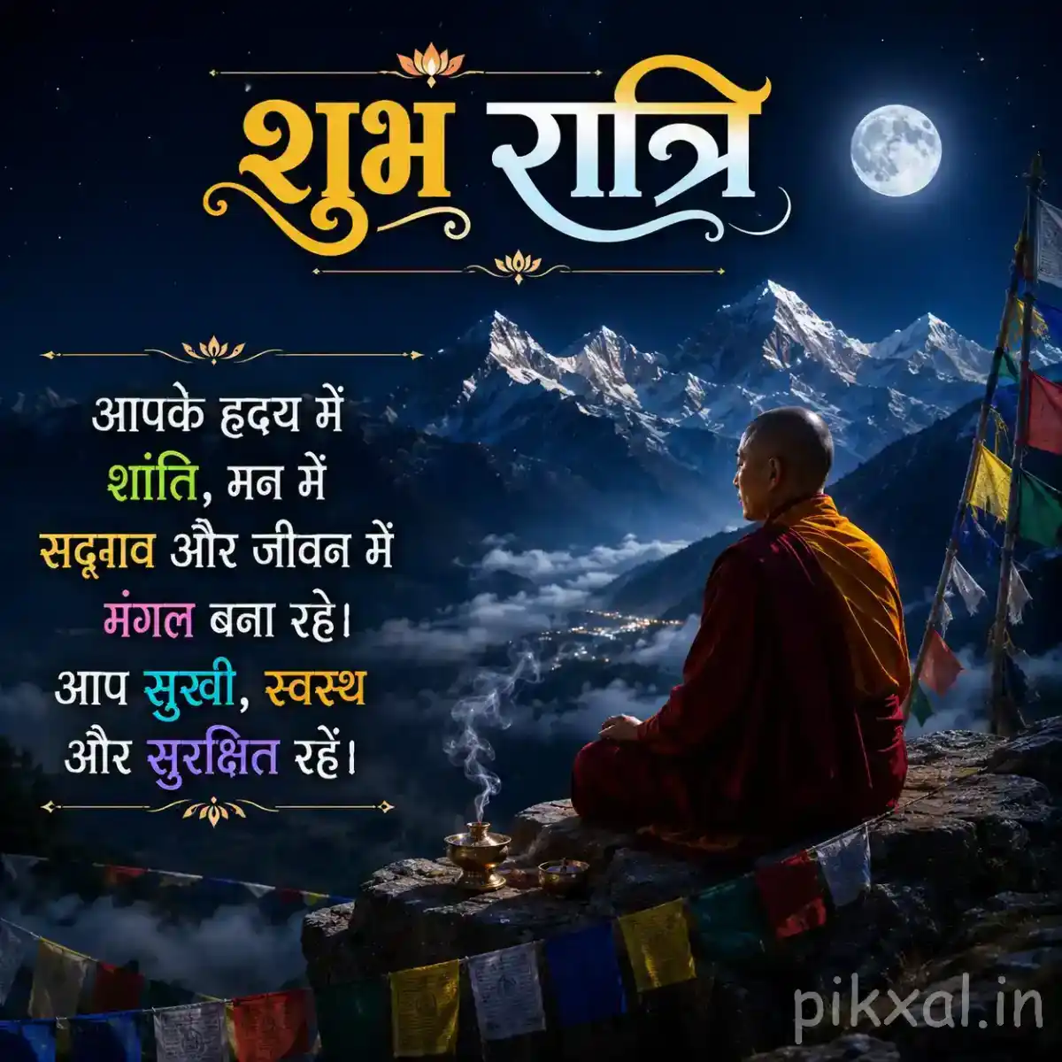 Meditating monk seated before a majestic moonlit Himalayan mountain landscape with colorful prayer flags and glowing lamps