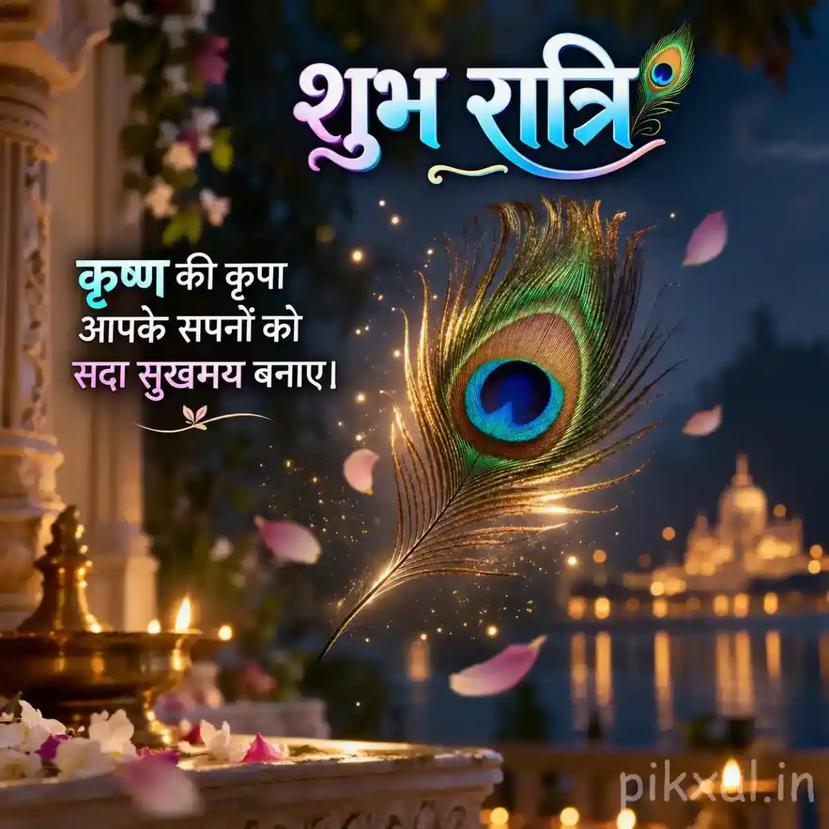 Krishna devotional arrangement with a detailed peacock feather, glowing diyas, colorful flowers, and a softly lit temple background