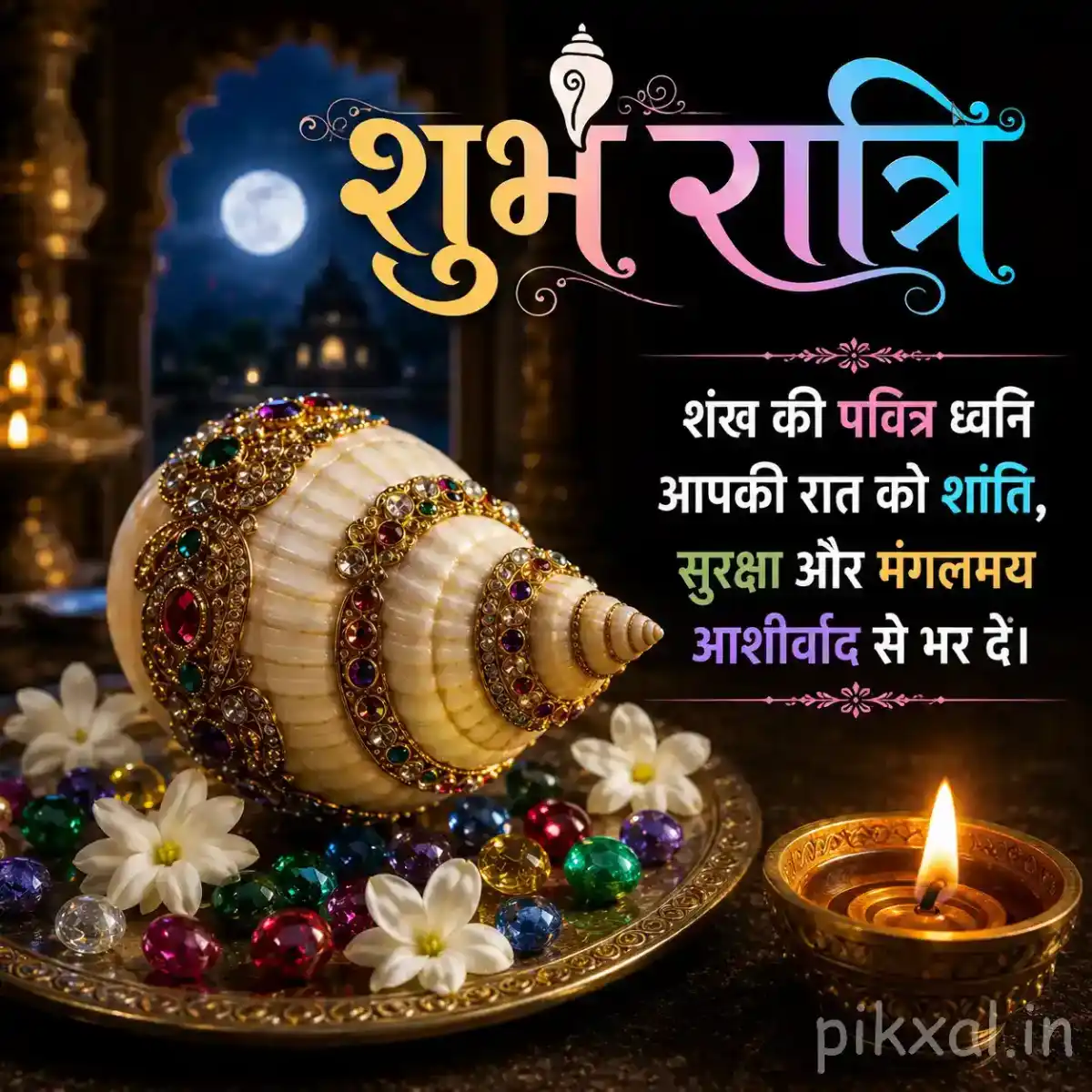 Decorated white conch shell surrounded by flowers, colorful prayer beads, and a glowing diya in a peaceful devotional setting