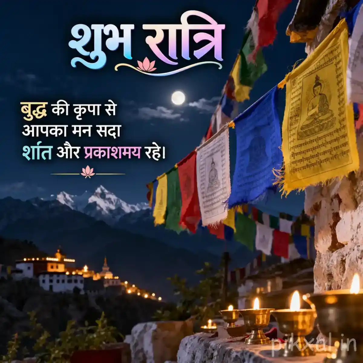 Colorful Buddhist prayer flags stretching across a moonlit mountain landscape with glowing temple lights and a peaceful nighttime setting