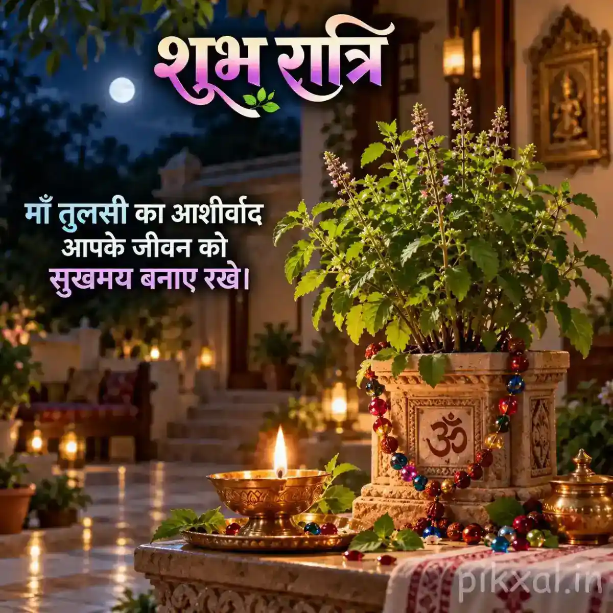 Sacred Tulsi plant in a decorated planter surrounded by flowers, diyas, and colorful prayer beads in a peaceful temple setting
