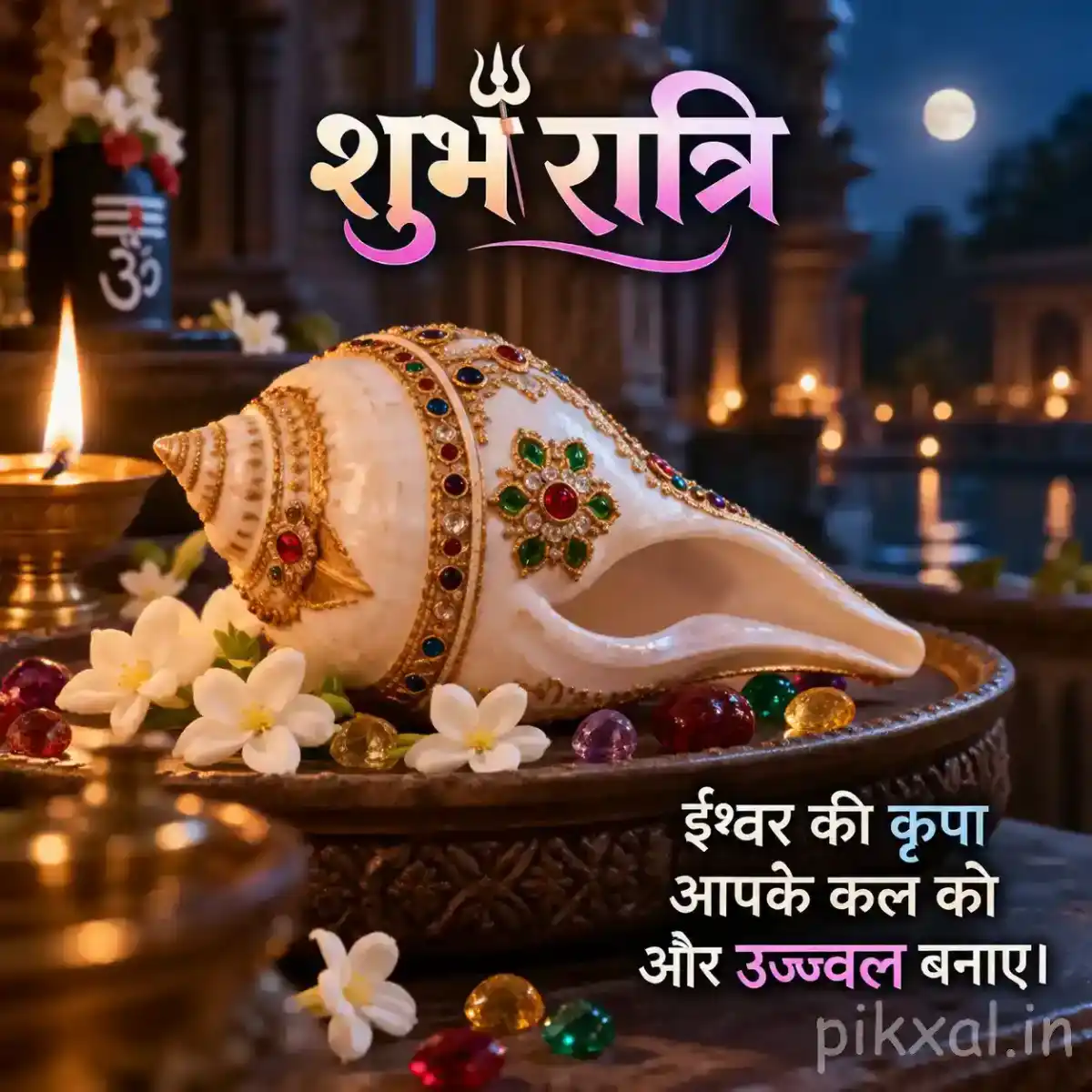 Ornately decorated conch shell surrounded by white flowers and glowing diyas on a devotional altar in a peaceful temple setting