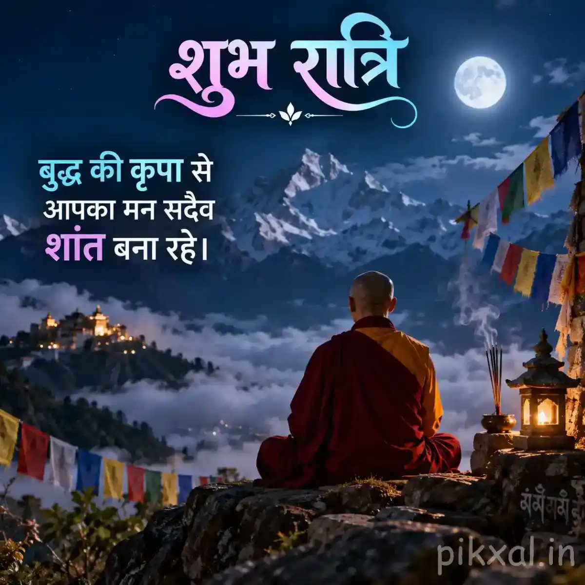 Meditating monk seated on a rocky mountain cliff beneath a bright moon, overlooking snow-covered Himalayan peaks and colorful prayer flags