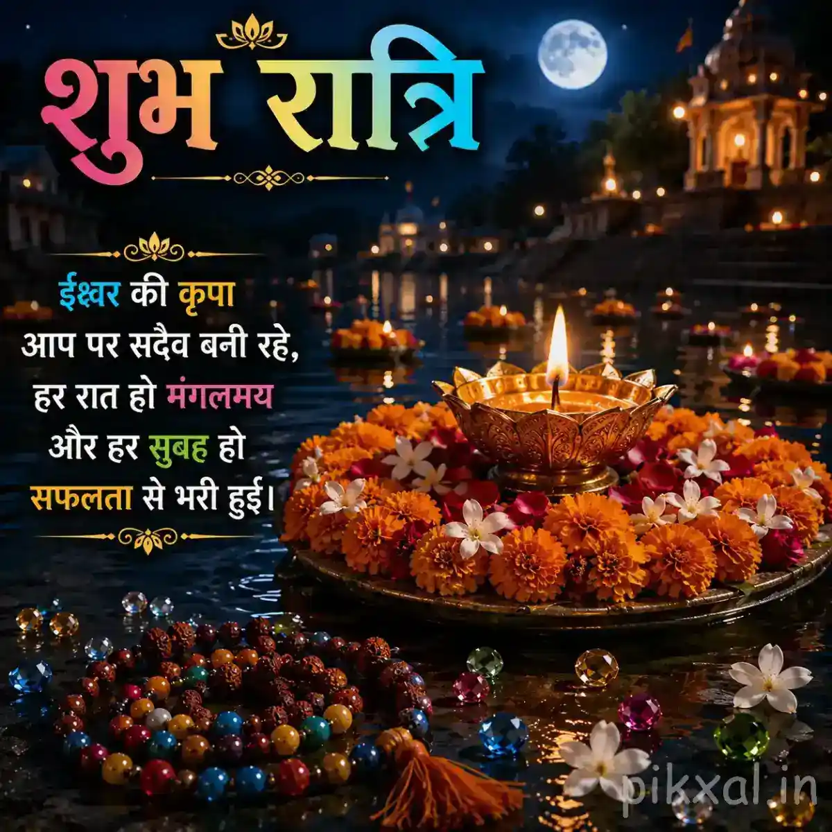 Peaceful Shiva shrine with a Shivling, glowing incense smoke, Rudraksha beads, flowers, diyas, and colorful prayer beads