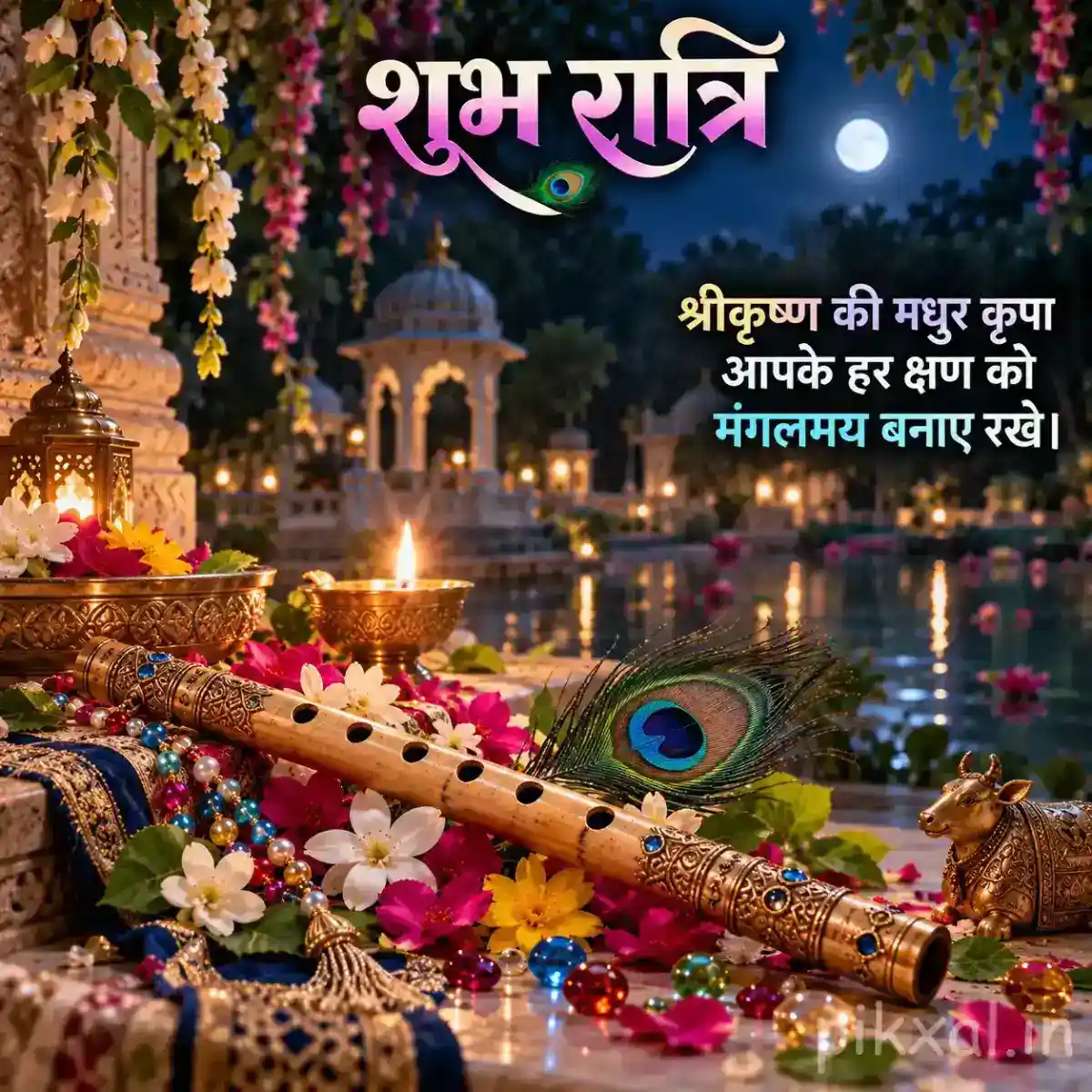 Krishna flute decorated with a vibrant peacock feather and colorful flowers, surrounded by glowing diyas in a moonlit temple setting