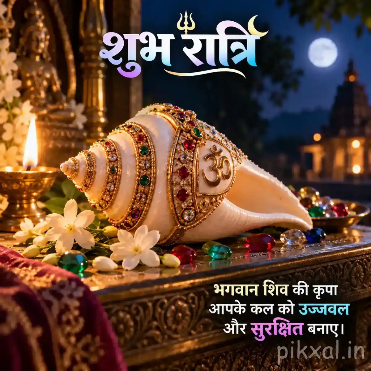Ornately decorated conch shell resting on a carved devotional pedestal with white flowers, pearls, and a glowing diya