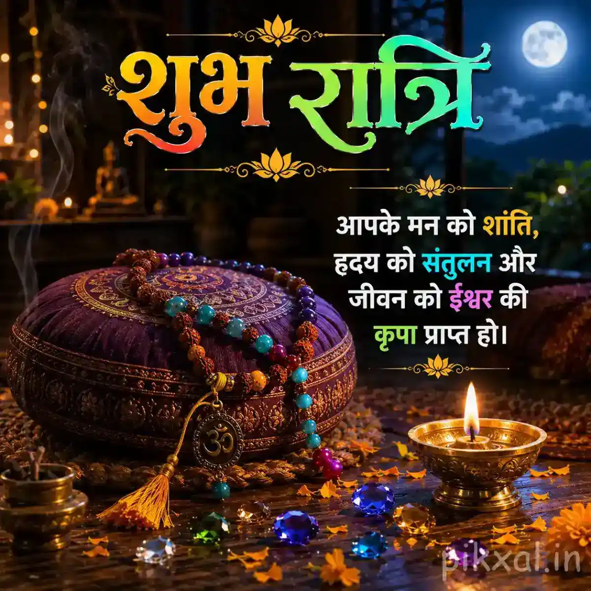 Decorated devotional cushion with Rudraksha beads, colorful prayer beads, flowers, and a glowing diya in a peaceful nighttime shrine