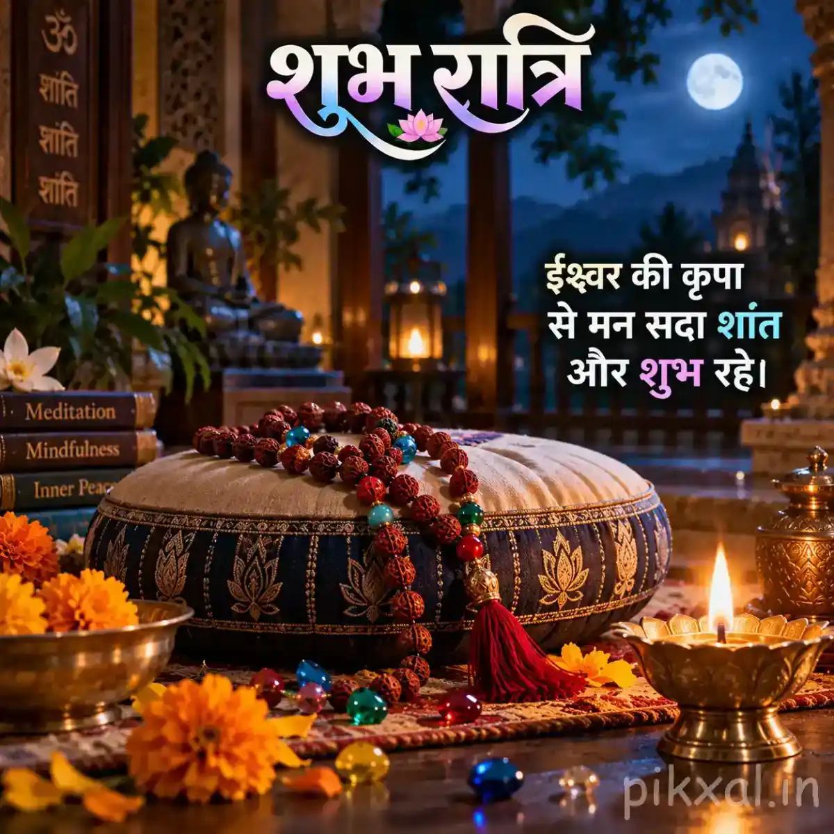 Traditional Shiva damru placed on a decorative cushion with Rudraksha beads, marigold flowers, colorful prayer beads, and glowing diyas