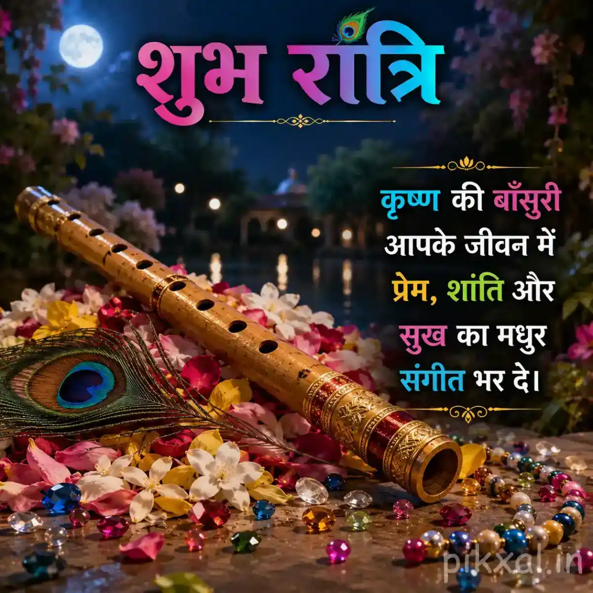 Krishna flute decorated with a vibrant peacock feather, colorful flowers, and glowing diyas in a serene moonlit devotional setting