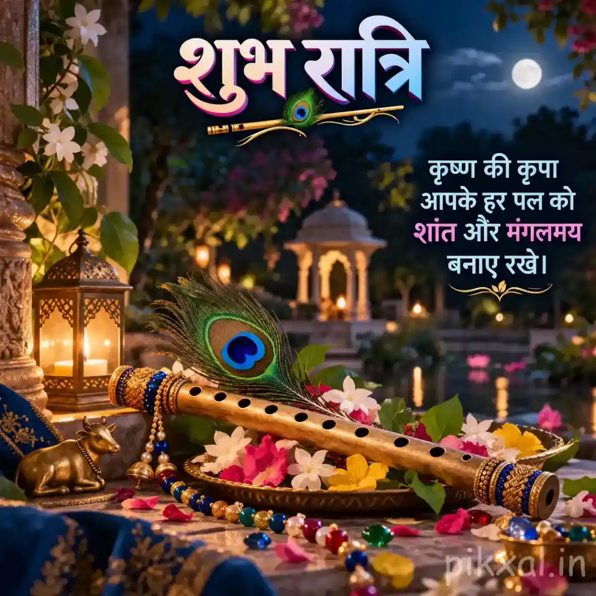 Krishna flute decorated with a vibrant peacock feather, colorful flowers, glowing diyas, and a peaceful moonlit temple background