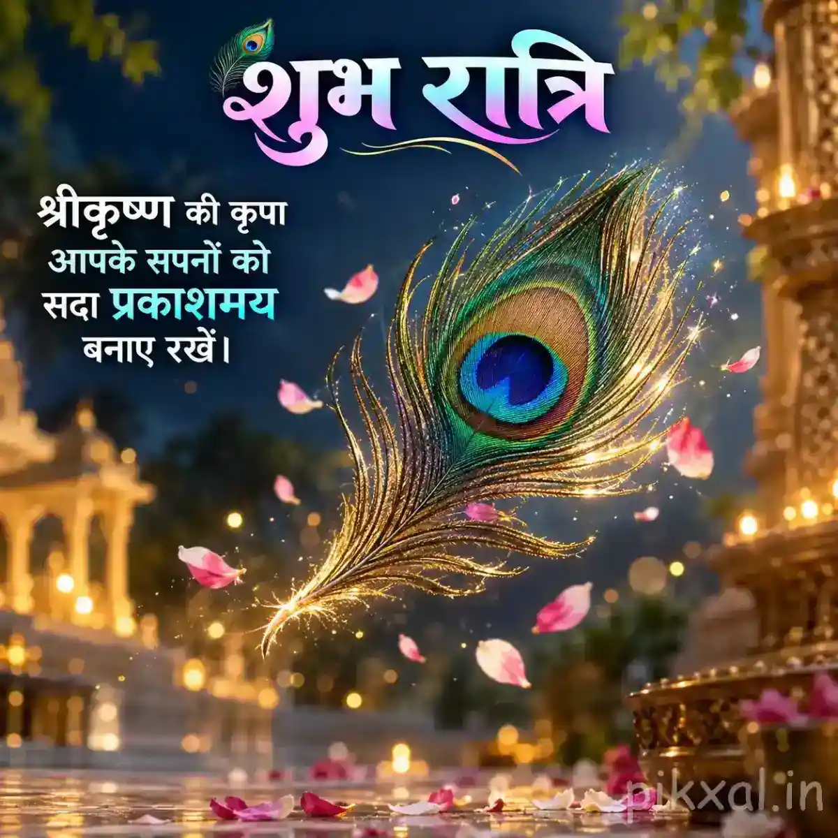 Krishna-inspired devotional scene with a large peacock feather, floating flower petals, glowing lamps, and a softly lit temple background