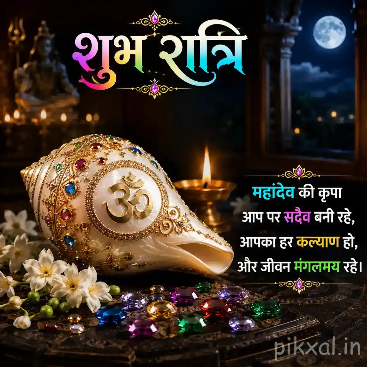 Ornately decorated conch shell with Om symbol surrounded by colorful prayer beads, white flowers, and a glowing diya on a devotional altar