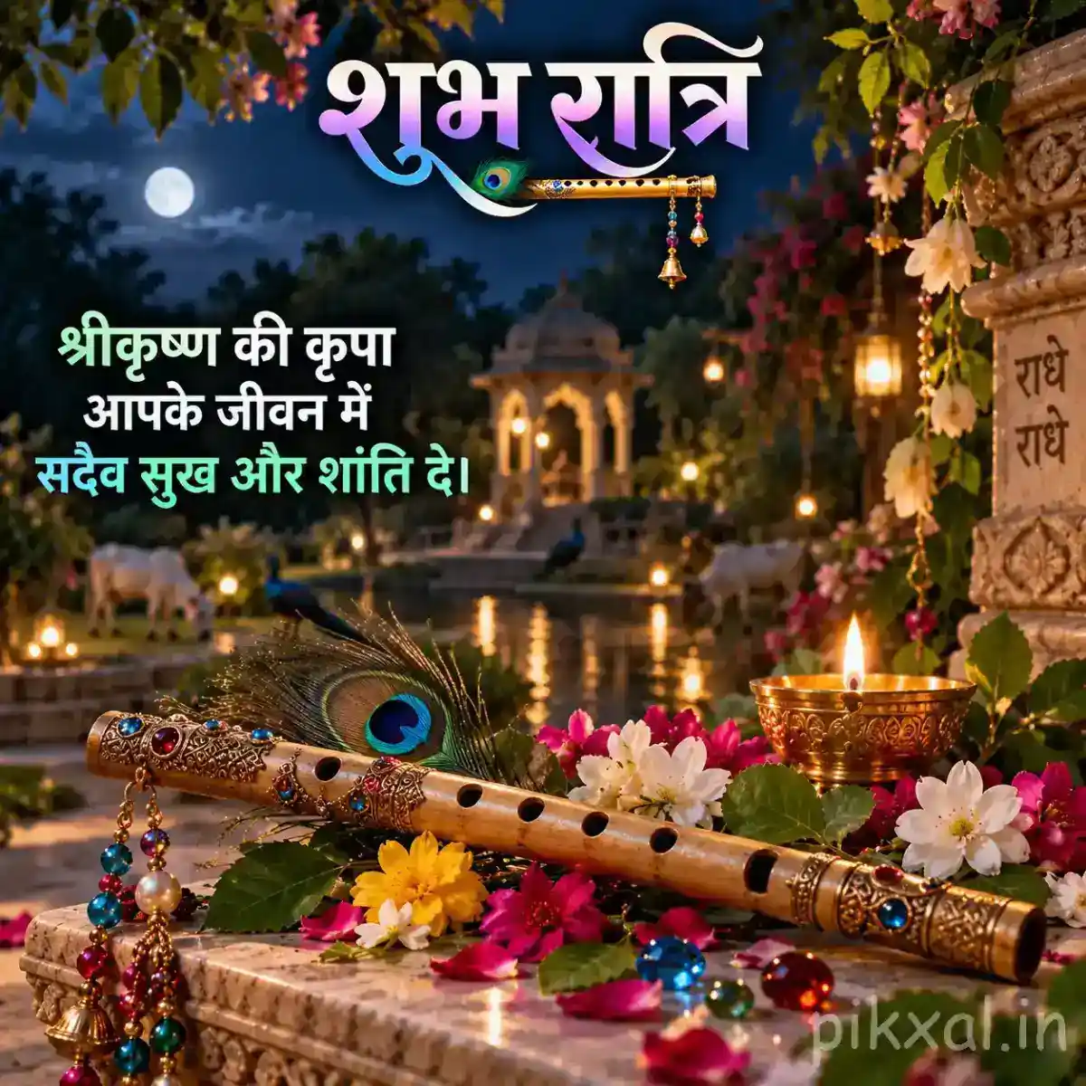 Krishna flute and peacock feather surrounded by colorful flowers, prayer beads, glowing diyas, and a softly illuminated temple setting
