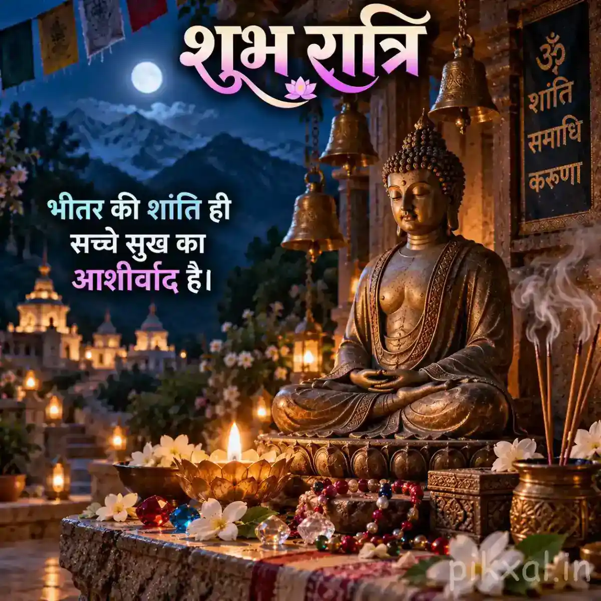 Meditating Buddha statue surrounded by glowing diyas, flowers, prayer beads, and a peaceful moonlit temple courtyard