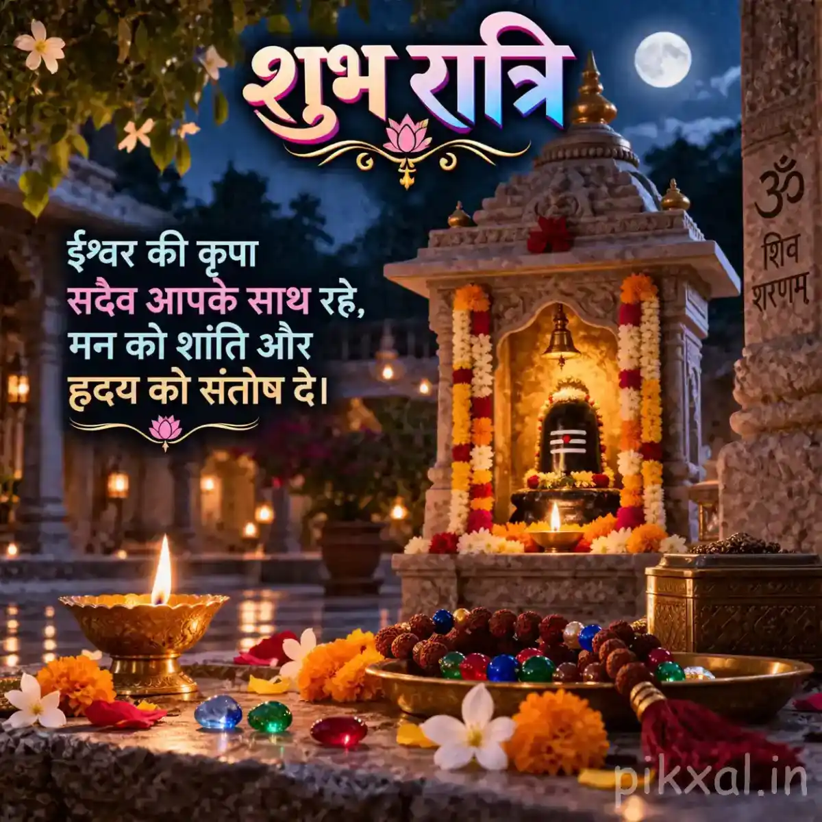 Decorated Hindu temple shrine illuminated by glowing diyas, colorful flowers, Rudraksha beads, and devotional offerings beneath the night sky