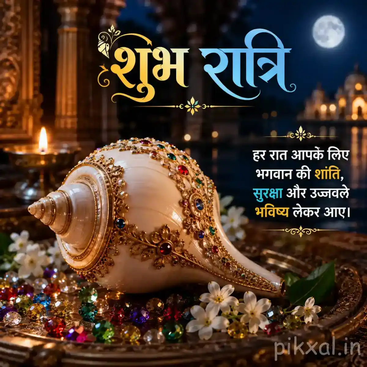 Ornately decorated conch shell surrounded by colorful prayer beads, white flowers, and glowing diyas on a devotional altar