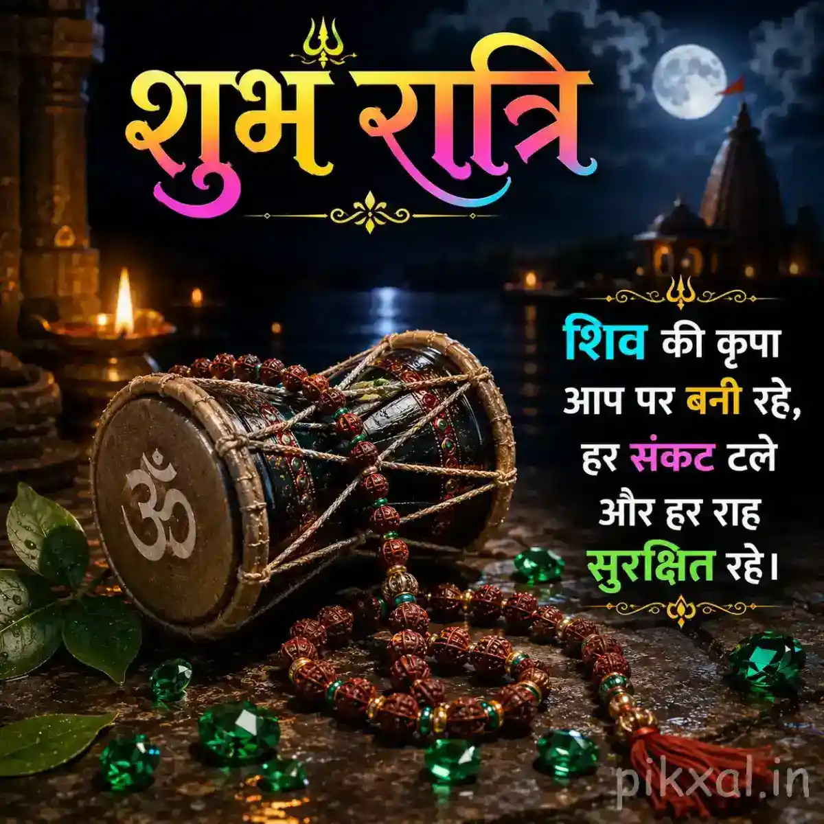 Traditional Shiva damru with Om symbol surrounded by Rudraksha beads, sacred green leaves, colorful prayer beads, flowers, and a glowing diya