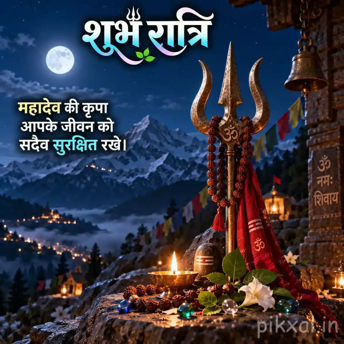 Lord Shiva trident standing before snow-covered Himalayan mountains at night, surrounded by prayer flags, flowers, and glowing lamps