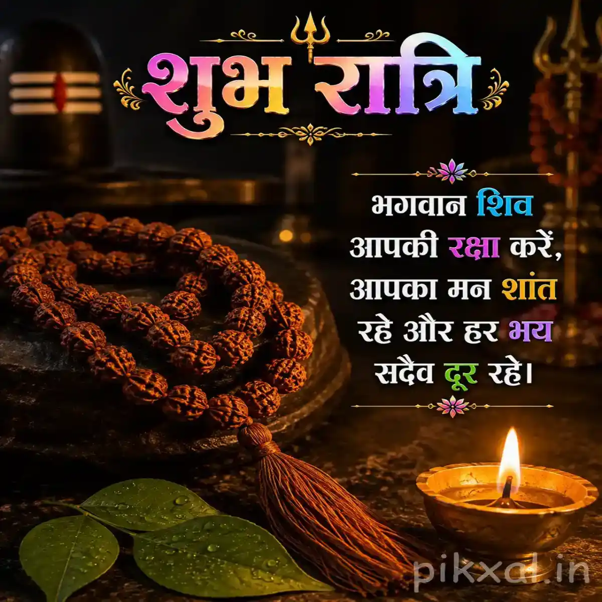 Close-up devotional arrangement of Rudraksha beads, sacred green leaves, and a warm glowing diya against a dark peaceful background