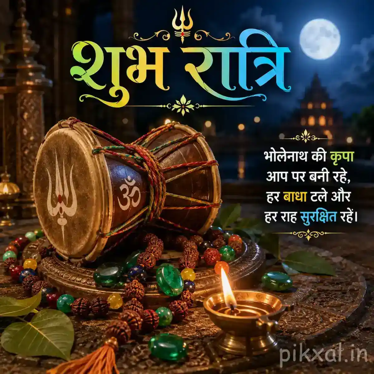 Traditional Shiva damru with Om symbol surrounded by Rudraksha beads, colorful prayer beads, flowers, and glowing oil lamps