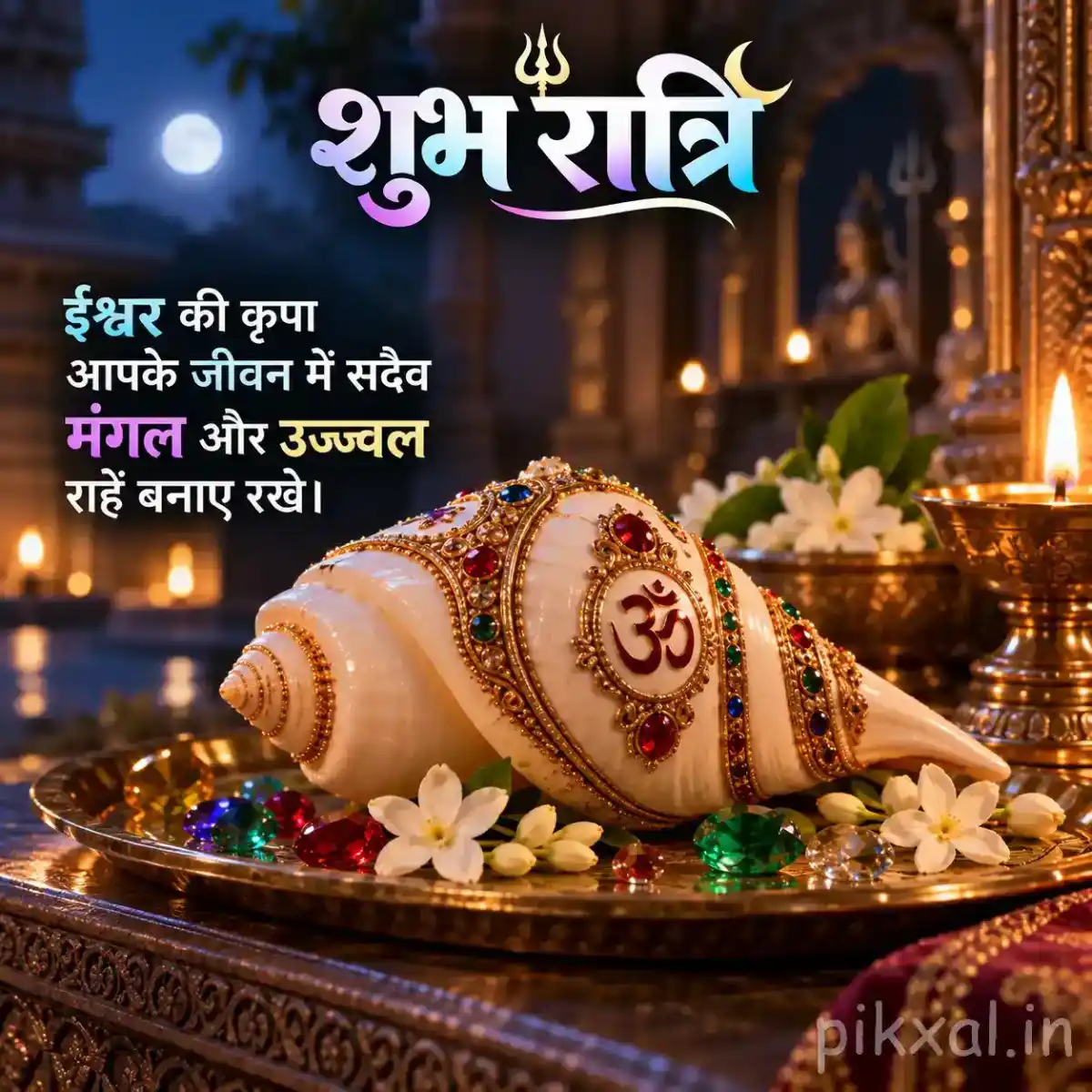 Ornately decorated conch shell with Om symbol, colorful prayer beads, white flowers, and a glowing diya on a devotional altar
