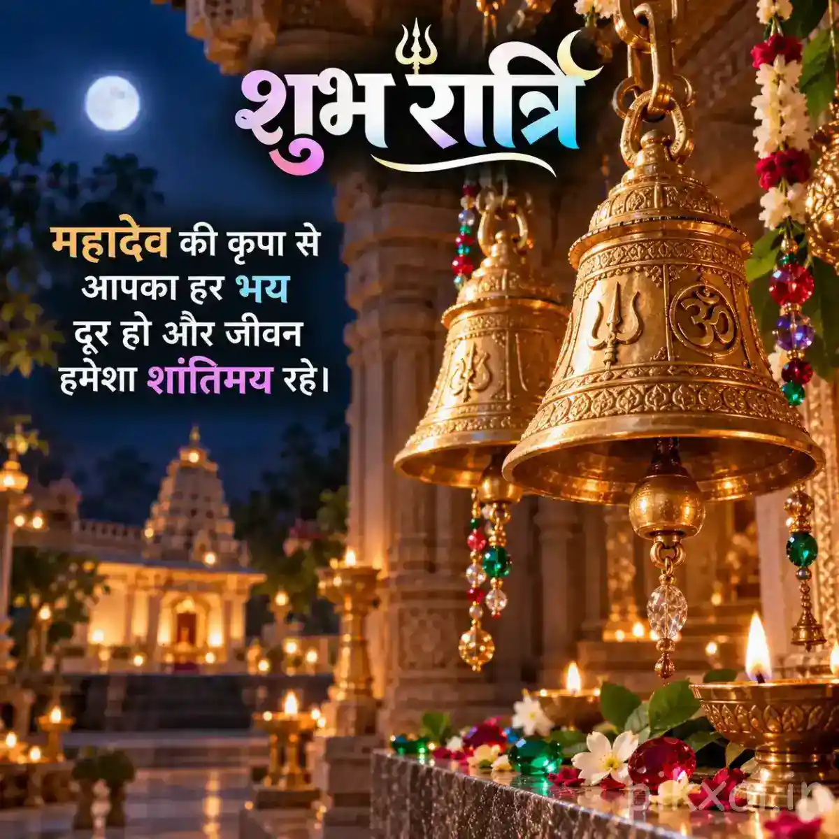 Traditional brass temple bells decorated with flowers and prayer beads in a warmly illuminated temple courtyard at night