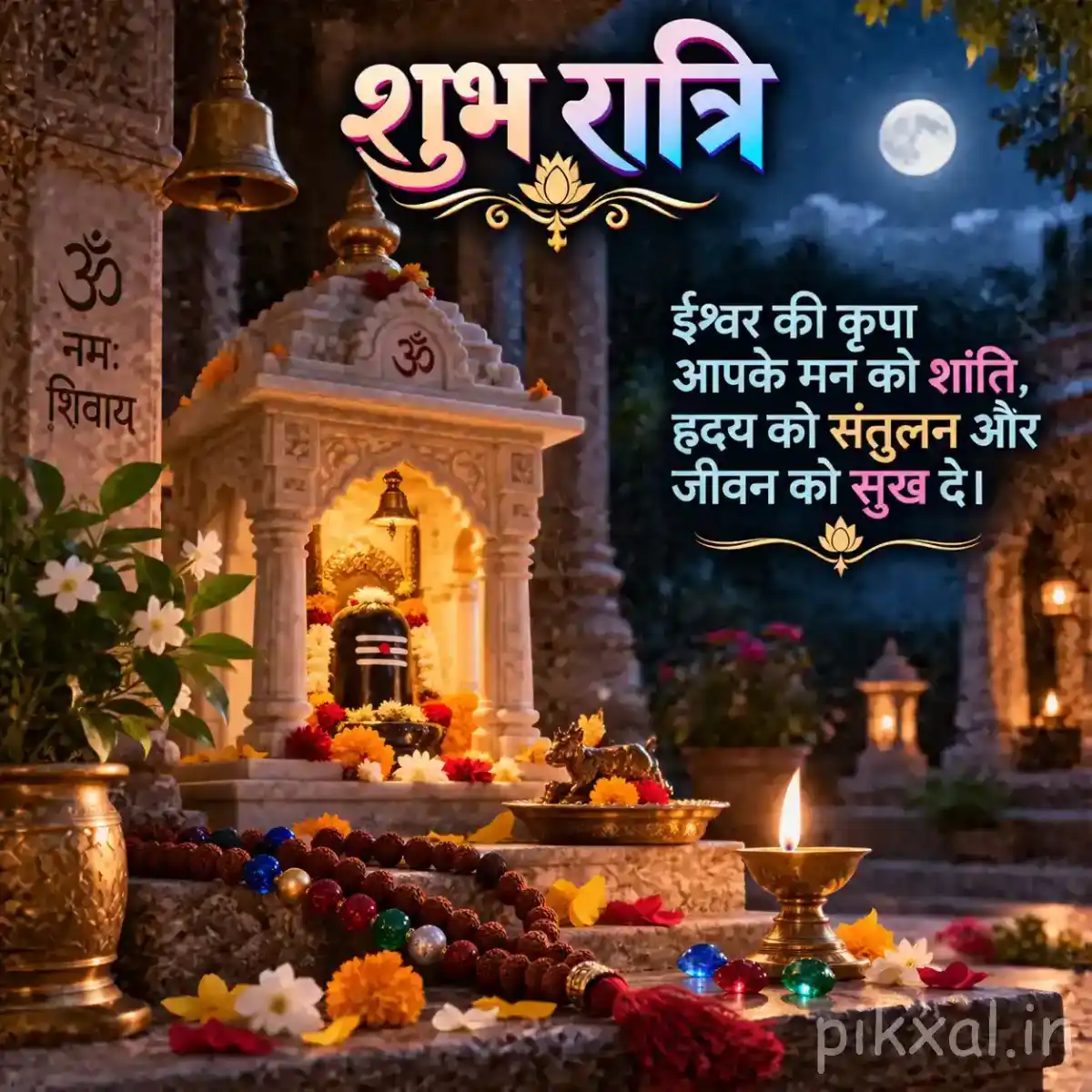Beautifully decorated Shiva temple shrine with glowing diyas, marigold flowers, Rudraksha beads, and sacred offerings