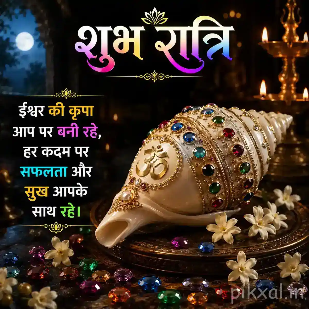 Ornate conch shell decorated with colorful stones and flowers beside a glowing diya and Rudraksha beads in a Shiva shrine