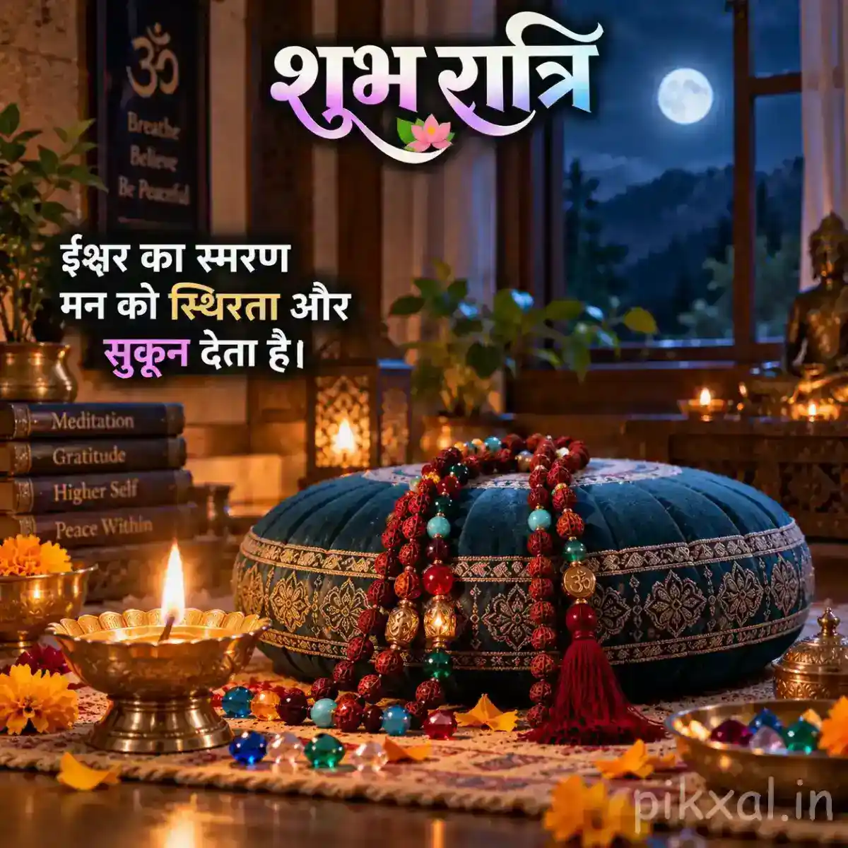 Ornately decorated conch shell resting on a blue devotional cushion with Rudraksha beads, colorful prayer beads, flowers, and a diya