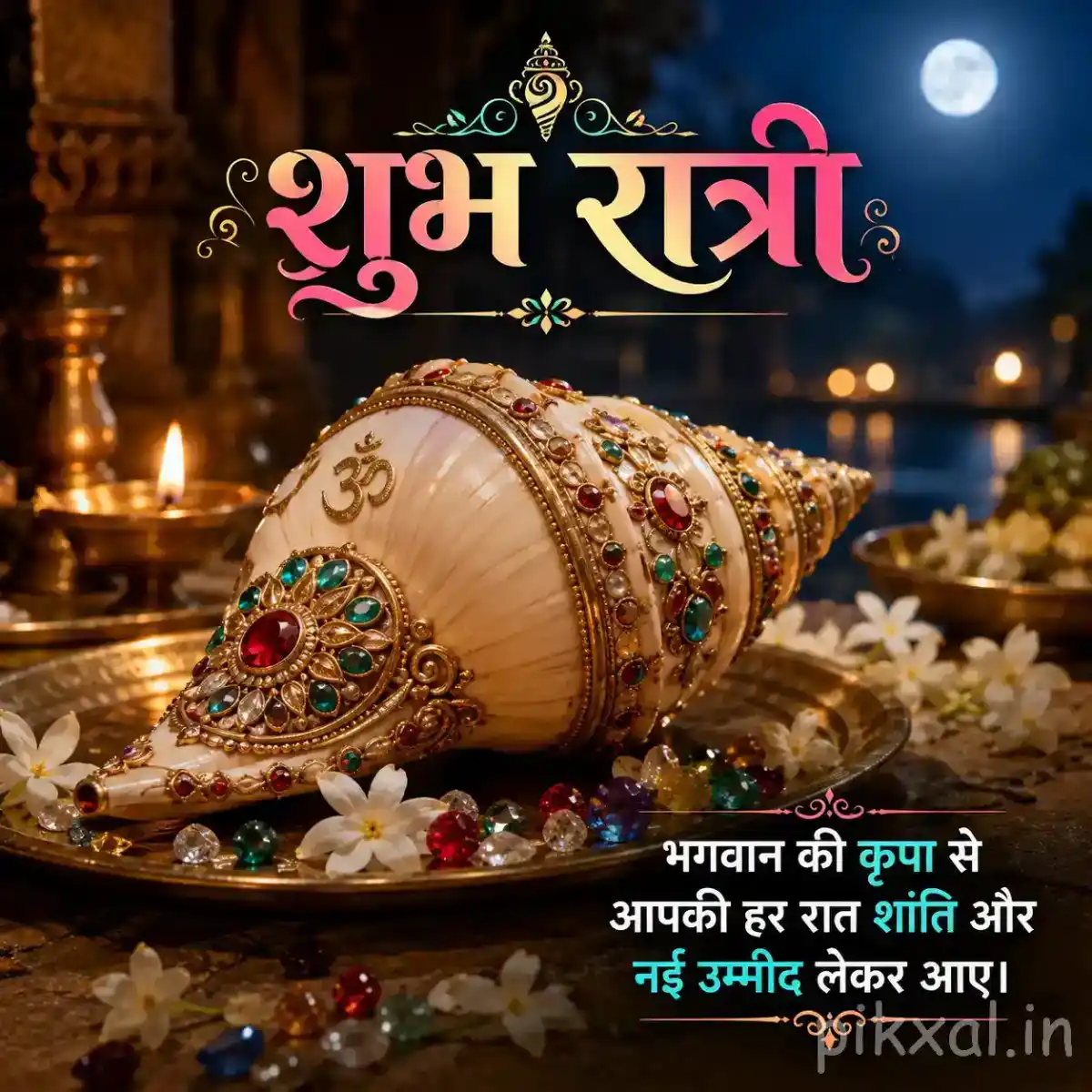 Decorative conch shell surrounded by colorful prayer beads, flowers, and a glowing oil lamp in a peaceful nighttime shrine