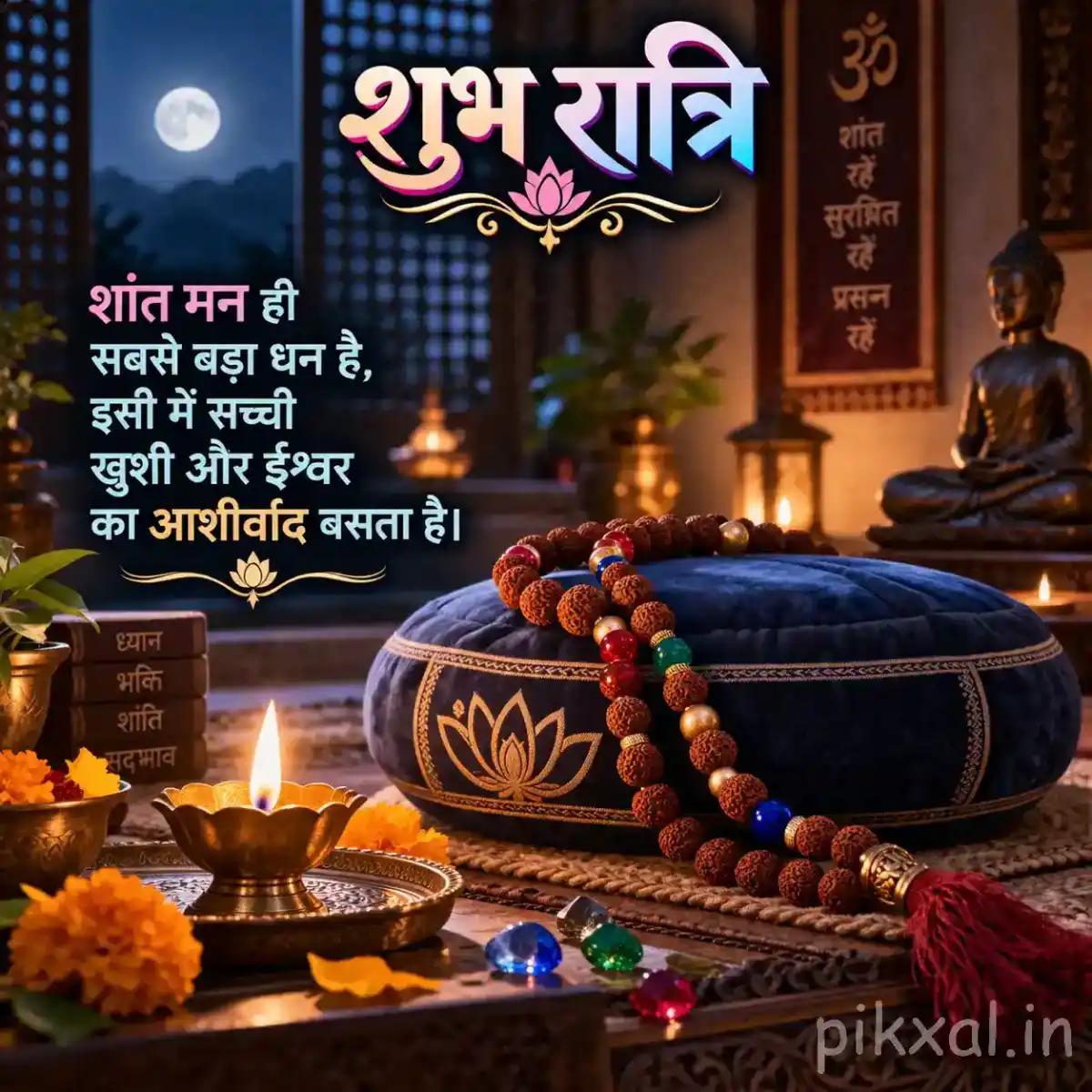 Devotional altar with a blue prayer cushion, colorful Rudraksha mala, glowing diyas, flowers, and a peaceful Buddha statue in the background