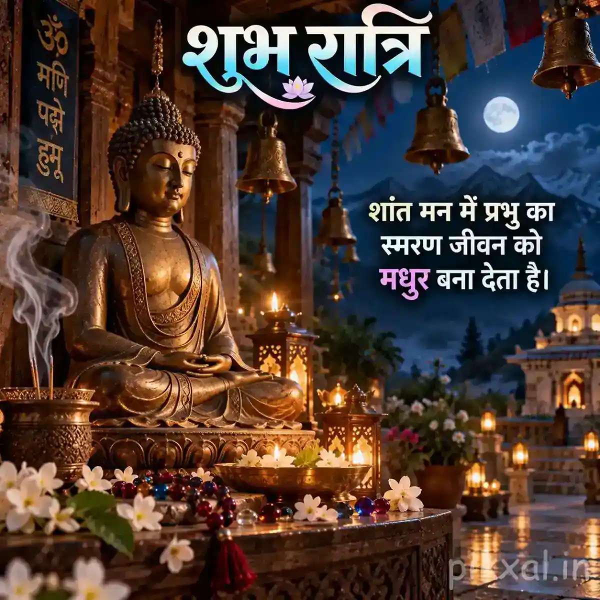 Meditating Buddha statue surrounded by glowing oil lamps, flowers, incense smoke, and warm temple lights at night