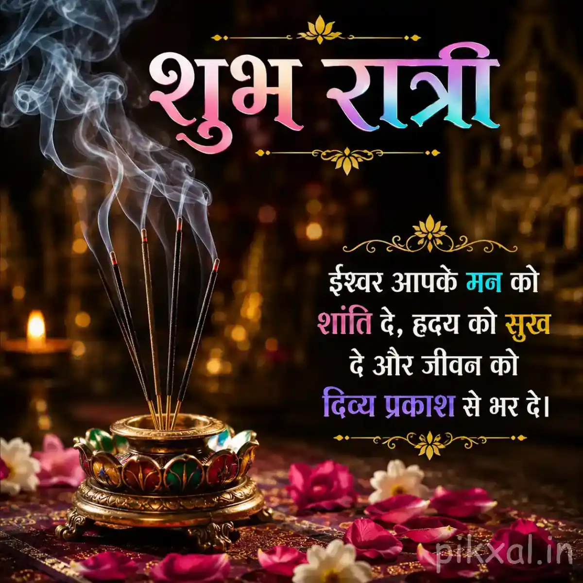 Glowing incense holder with rising smoke surrounded by pink flowers and small oil lamps in a serene nighttime devotional setting