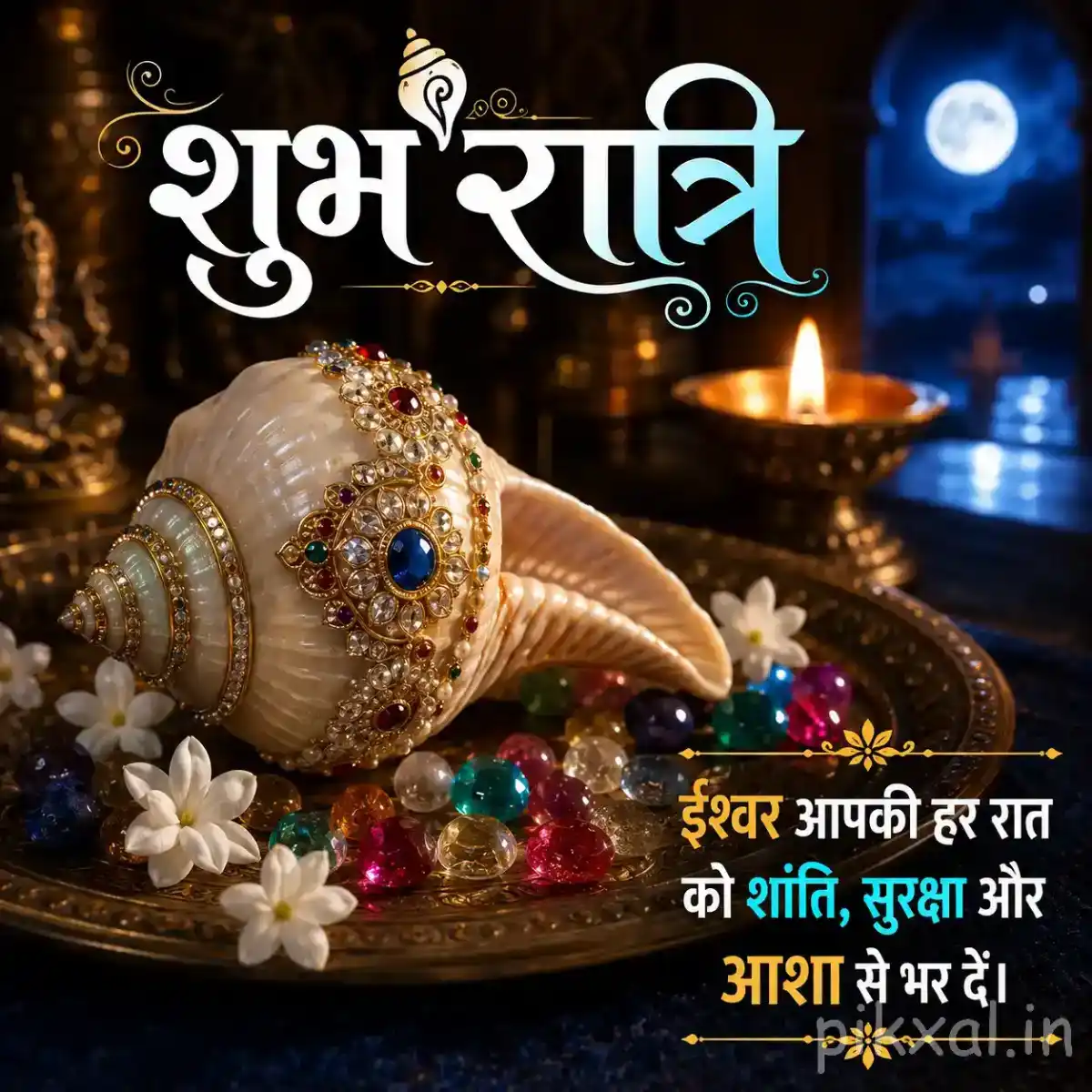 Ornately decorated conch shell with colorful prayer beads, white flowers, green leaves, and a glowing diya in a peaceful Shiva shrine