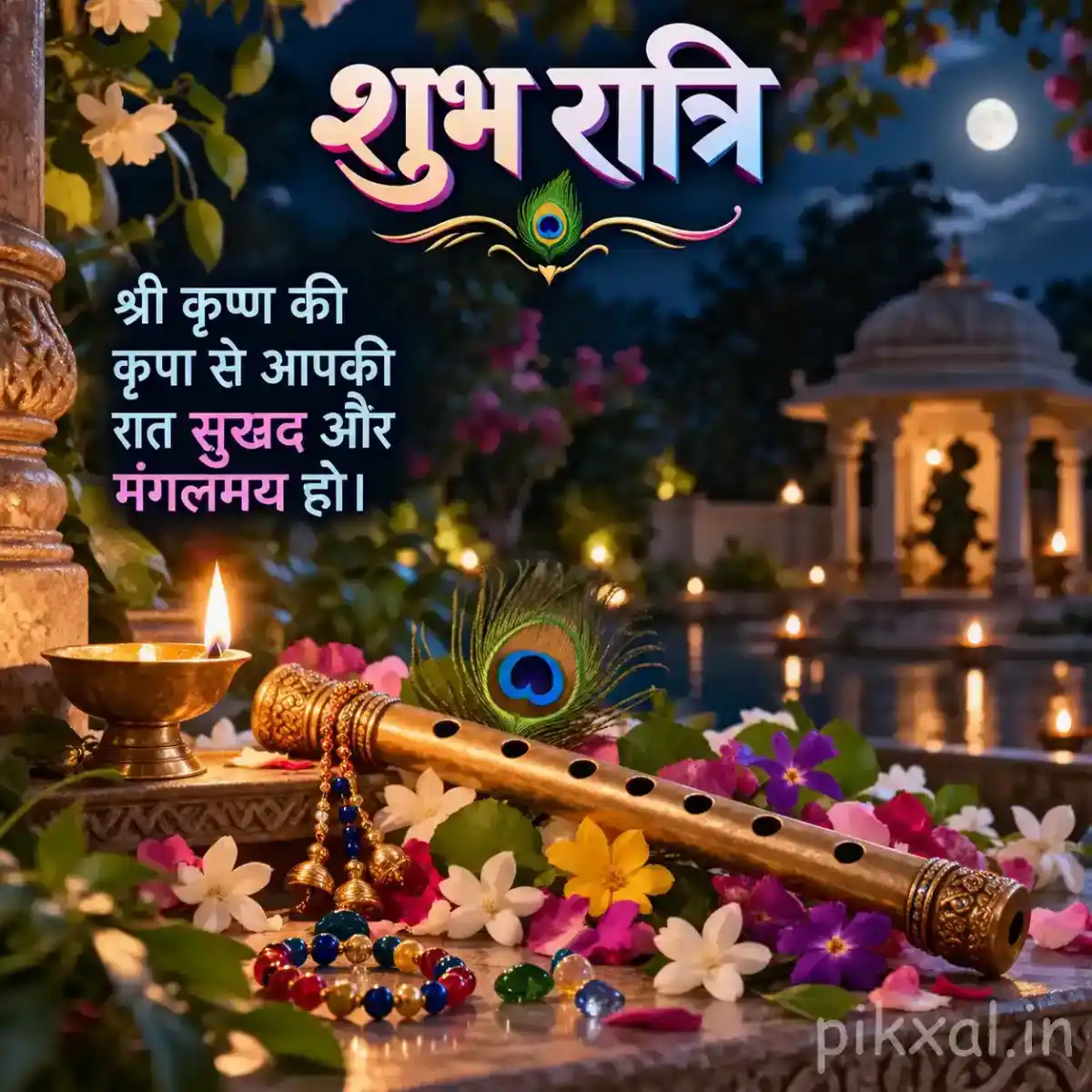 Krishna devotional arrangement featuring a traditional flute, peacock feather, colorful flowers, and glowing diyas in a moonlit temple setting